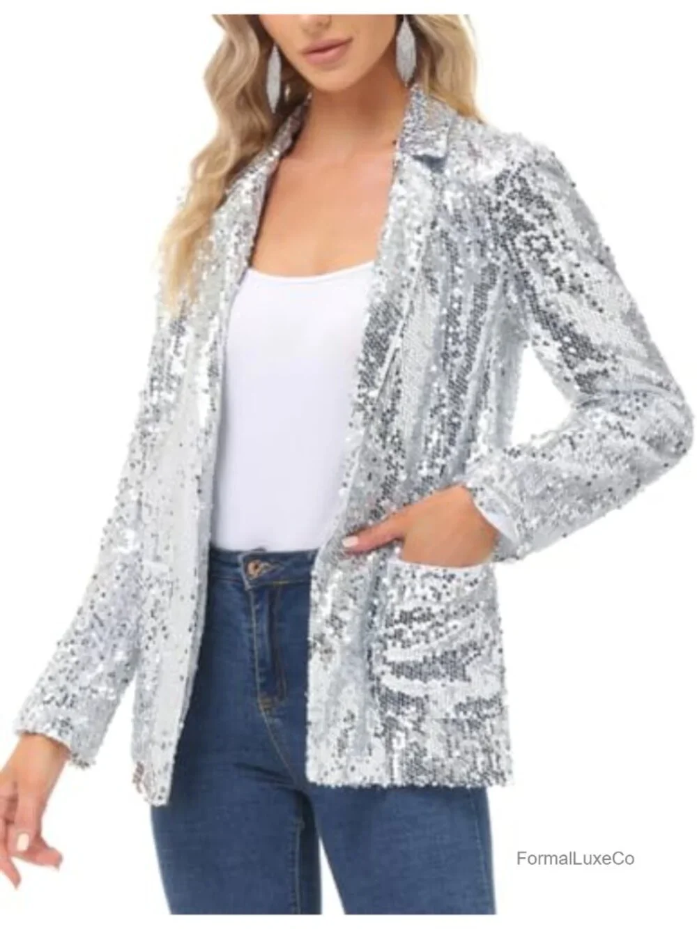 Sparkly Sequin Blazer Jacket Open Front Long Sleeve Cardigan Coat with Pockets